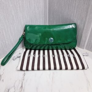 Rare Henri Bendel Emerald Green Patent Clutch Wristlet Purse With Dust Bag